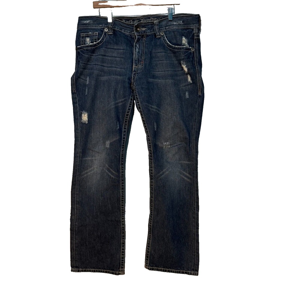 Archaic Denim Men Blue Distressed Embroidered Cross Studded Jeans Y2K Streetwear